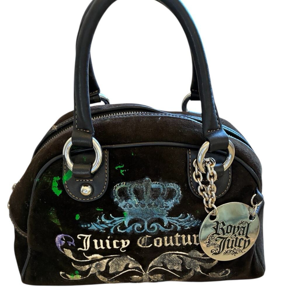 VTG Juicy Couture Bowler Bag Purse Velour Silver Royal Juicy Charm Retro Y2K - Picture 4 of 16